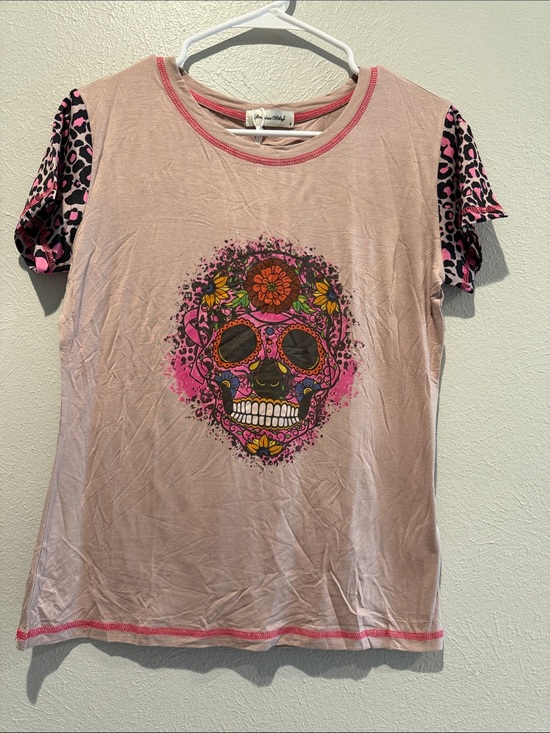 American Living Tops - American Bling Khaki Tee with Floral Skull Accent